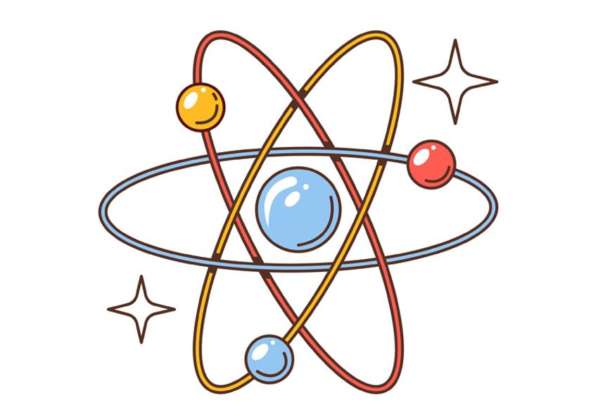 Image of a drawn atom with electrons orbiting around a central nucleus with surrounding twinkling stars.