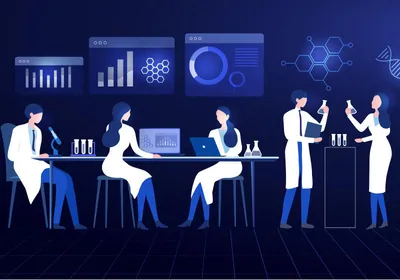 Cartoon of five scientists wearing lab coats while working on experiments and looking at data
