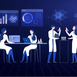 Cartoon of five scientists wearing lab coats while working on experiments and looking at data