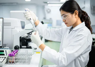 A scientist at a lab bench pipetting a small volume of liquid from a tube