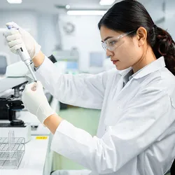 A scientist at a lab bench pipetting a small volume of liquid from a tube