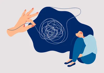 Illustration of a person in blue with their knees curled up to their chest looking sad against a white background. A hand is holding one end of a tangled string sitting above their head, representing treating depression. 