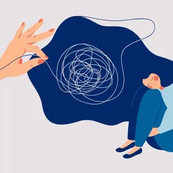 Illustration of a person in blue with their knees curled up to their chest looking sad against a white background. A hand is holding one end of a tangled string sitting above their head, representing treating depression. 