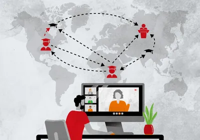 A man sits at a computer in a virtual meeting with his research mentors who are located all over the world. A map of the world with symbols for his educational and research paths, spanning multiple nations and continents, is shown.