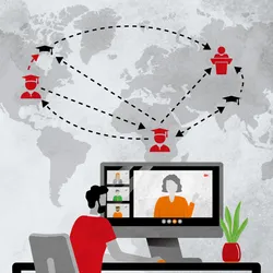 A man sits at a computer in a virtual meeting with his research mentors who are located all over the world. A map of the world with symbols for his educational and research paths, spanning multiple nations and continents, is shown.