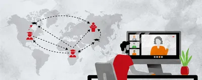 A man sits at a computer in a virtual meeting with his research mentors who are located all over the world. A map of the world with symbols for his educational and research paths, spanning multiple nations and continents, is shown.
