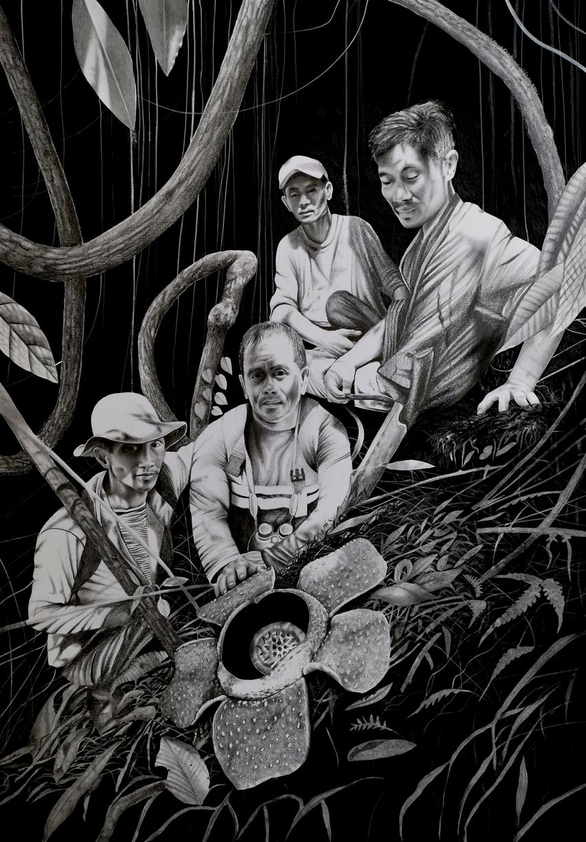 A black-and-white pencil sketch of four people in a forest with a flower in the middle.