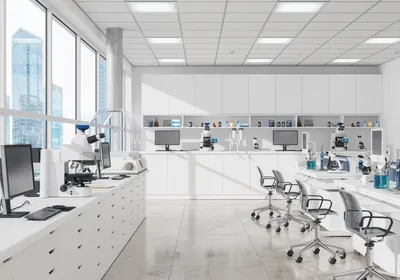 Modern laboratory with computers, microscopes, and other scientific equipment