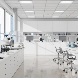 Modern laboratory with computers, microscopes, and other scientific equipment