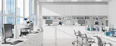 Modern laboratory with computers, microscopes, and other scientific equipment