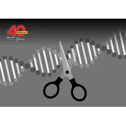 A pair of scissors cutting DNA, signifying CRISPR-Cas9. The Scientist's 40th anniversary logo is seen on the top left corner.