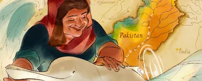 An artist’s portrait of Uzma Khan holding an Indus River dolphin in front of a map of Pakistan.