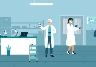 Vector illustration of different people working in lab coats in a research laboratory. 
