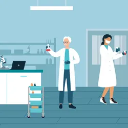 Vector illustration of different people working in lab coats in a research laboratory. 