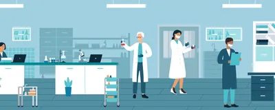 Vector illustration of different people working in lab coats in a research laboratory.