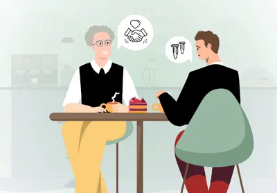 Image of two male figures sitting at a café table. The older figure on the left expresses support through a handshake within a speech bubble. He holds a cup of tea in his hands. Across from him is a younger student figure, who seems dejected. There is a slice of cake between them.