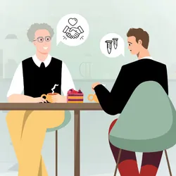 Image of two male figures sitting at a café table. The older figure on the left expresses support through a handshake within a speech bubble. He holds a cup of tea in his hands. Across from him is a younger student figure, who seems dejected. There is a slice of cake between them.