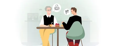 Image of two male figures sitting at a café table. The older figure on the left expresses support through a handshake within a speech bubble. He holds a cup of tea in his hands. Across from him is a younger student figure, who seems dejected. There is a slice of cake between them.