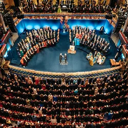 A photograph of the 2025 Nobel Prize ceremony being held. 