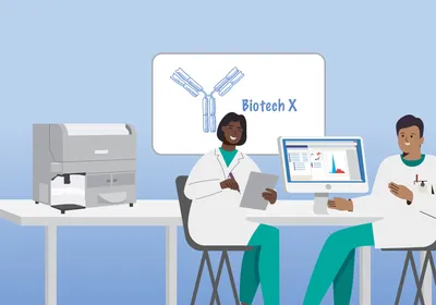 Illustration of Vishnu Tripathi teaching a colleague how to use a flow cytometer. 