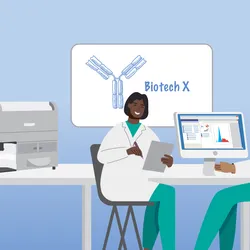 Illustration of Vishnu Tripathi teaching a colleague how to use a flow cytometer. 