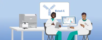 Illustration of Vishnu Tripathi teaching a colleague how to use a flow cytometer. 