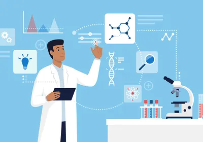 An illustration of a scientist working in a laboratory, surrounded by icons representing innovation, drug design, problem solving, and data analysis.