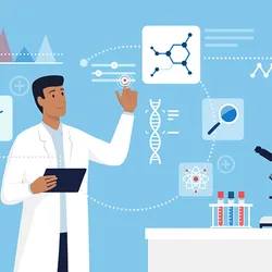 An illustration of a scientist working in a laboratory, surrounded by icons representing innovation, drug design, problem solving, and data analysis.