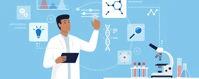An illustration of a scientist working in a laboratory, surrounded by icons representing innovation, drug design, problem solving, and data analysis.
