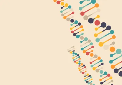 Stylized double helixes on a tan background.