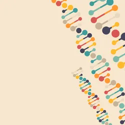 Stylized double helixes on a tan background.