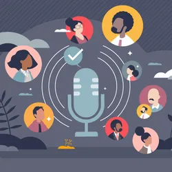 Illustration with a podcast microphone in the middle of a grey background surrounded by icons of cartoon people’s heads, representing reaching audiences through a science podcast. 