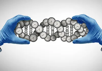 A DNA double-helix structure made of clocks, representing an epigenetic clock, held between a scientist’s blue-gloved hands.