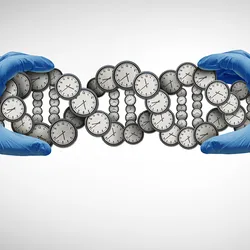 A DNA double-helix structure made of clocks, representing an epigenetic clock, held between a scientist’s blue-gloved hands.
