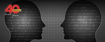 Image of greyscale image of two human outlines facing each other. There are repetitions of A, T, C, and G within the outlines.