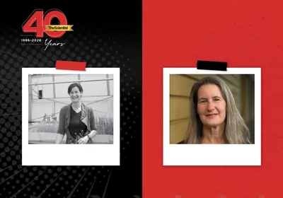 A black and white image of Dominique Bergmann from when The Scientist interviewed her in 2011 is to the left of an updated headshot of Bergmann in color wearing a black shirt. The Scientist’s 40th anniversary logo sits at the top-left corner of the image.