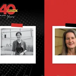 A black and white image of Dominique Bergmann from when The Scientist interviewed her in 2011 is to the left of an updated headshot of Bergmann in color wearing a black shirt. The Scientist’s 40th anniversary logo sits at the top-left corner of the image.