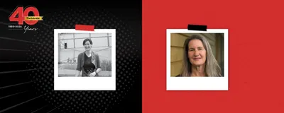 A black and white image of Dominique Bergmann from when The Scientist interviewed her in 2011 is to the left of an updated headshot of Bergmann in color wearing a black shirt. The Scientist’s 40th anniversary logo sits at the top-left corner of the image.