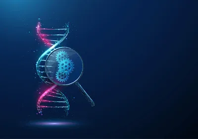 A magnifying glass held up to a DNA double helix in blue and red, showing gears within that represent automation