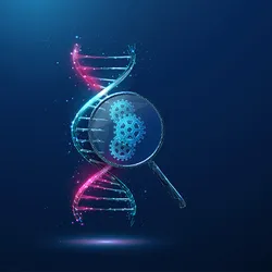 A magnifying glass held up to a DNA double helix in blue and red, showing gears within that represent automation