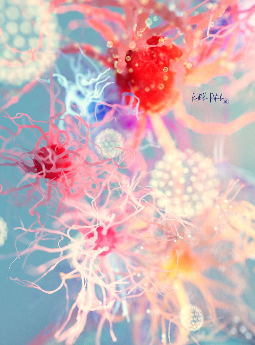 Pink, light blue, and off-white cells against a blue background. Pink, light blue, and off-white cells against a blue background.