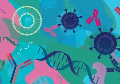 Conceptual illustration highlighting gene editing technology. Cartoon antibodies, viral and lipid vectors, and a syringe are arranged over a background of pink, green, and blue shapes.