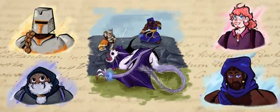 : Two fantasy characters attempt to slay a dragon in the center image. Four characters, representing authors of a paper, surround the central image, adding their names to a manuscript.