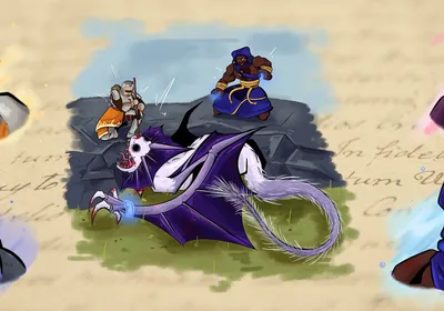 Two fantasy characters attempt to slay a dragon in the center image. Four characters, representing authors of a paper, surround the central image, adding their names to a manuscript.