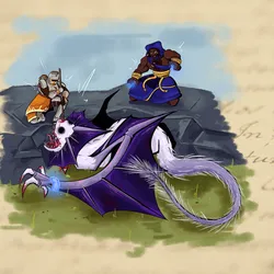 Two fantasy characters attempt to slay a dragon in the center image. Four characters, representing authors of a paper, surround the central image, adding their names to a manuscript.