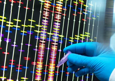 A blue-gloved hand holds a DNA sample tube in front of a computer screen that shows massively parallel sequencing data.