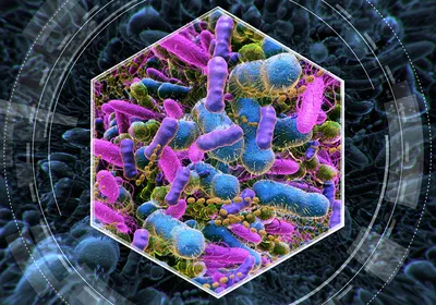 Graphic showing differently colored microorganisms as part of the gut microbiome