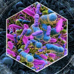 Graphic showing differently colored microorganisms as part of the gut microbiome