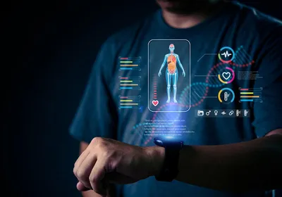 Person wearing a smartwatch that tracks health data, with digital holographic visuals displaying vital health statistics like heart rate, temperature, and other health metrics.