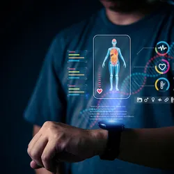 Person wearing a smartwatch that tracks health data, with digital holographic visuals displaying vital health statistics like heart rate, temperature, and other health metrics.